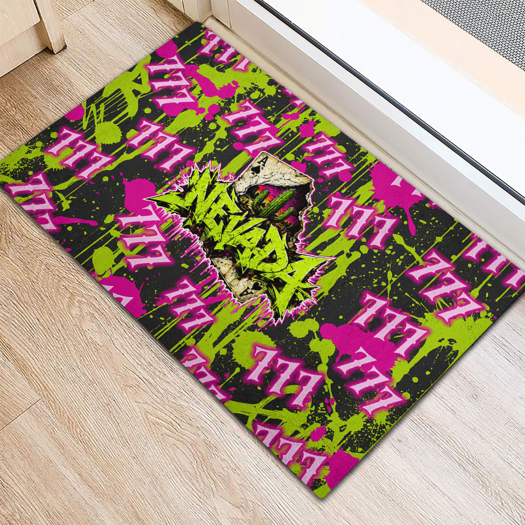 Nevada Battle Born The Silver State 777 Rubber Doormat Vibrant Lime Pink Splatter Punk Rock Bull Skull Art