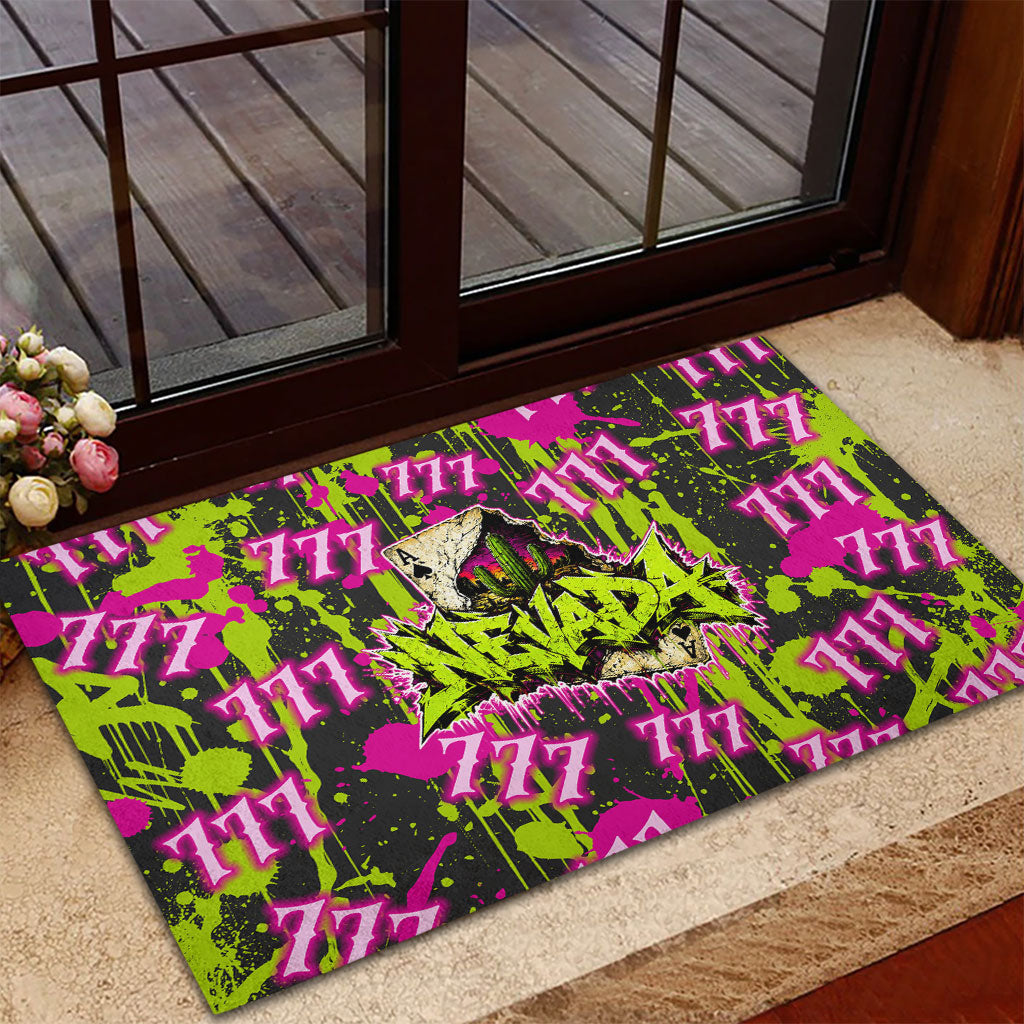 Nevada Battle Born The Silver State 777 Rubber Doormat Vibrant Lime Pink Splatter Punk Rock Bull Skull Art