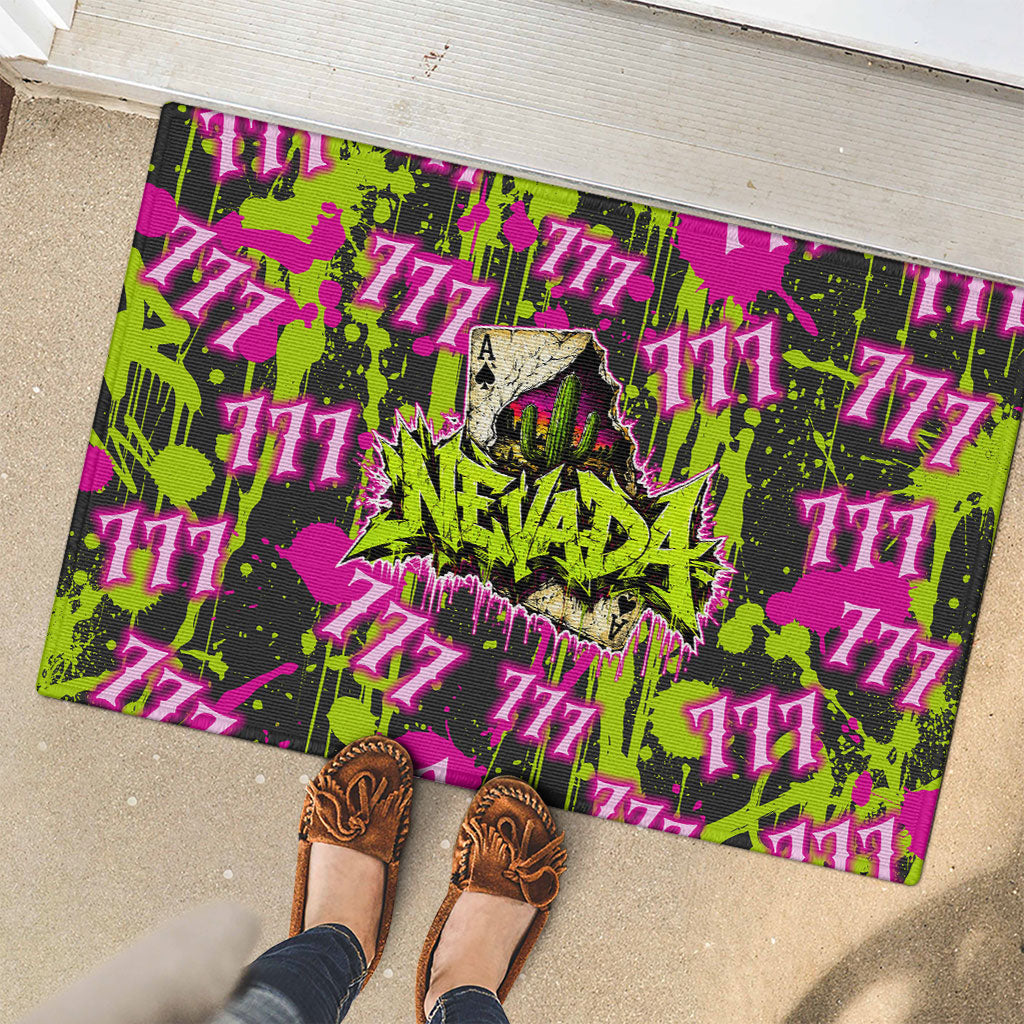 Nevada Battle Born The Silver State 777 Rubber Doormat Vibrant Lime Pink Splatter Punk Rock Bull Skull Art