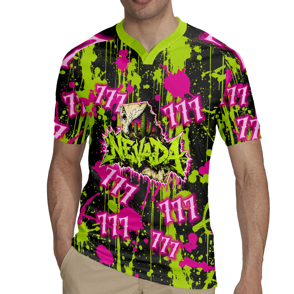 Nevada Battle Born The Silver State 777 Rugby Jersey Vibrant Lime Pink Splatter Punk Rock Bull Skull Art