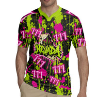 Nevada Battle Born The Silver State 777 Rugby Jersey Vibrant Lime Pink Splatter Punk Rock Bull Skull Art