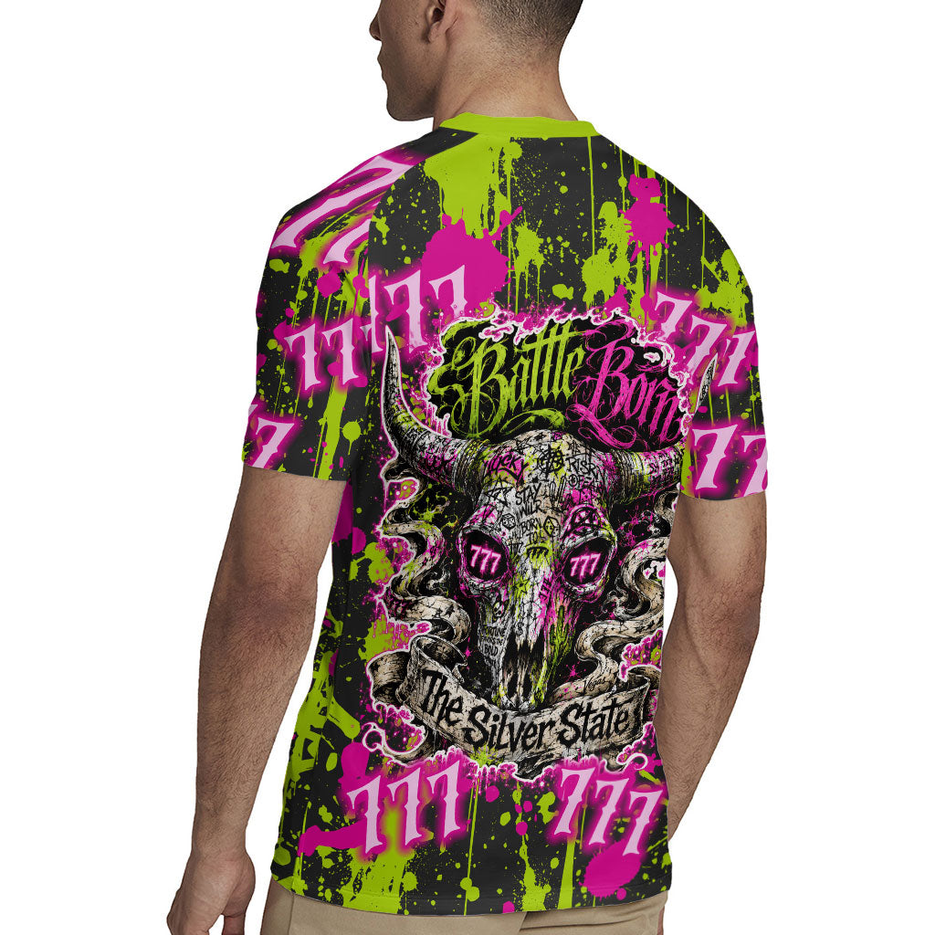 Nevada Battle Born The Silver State 777 Rugby Jersey Vibrant Lime Pink Splatter Punk Rock Bull Skull Art