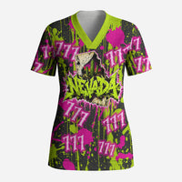 Nevada Battle Born The Silver State 777 Scrub Top Vibrant Lime Pink Splatter Punk Rock Bull Skull Art
