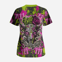 Nevada Battle Born The Silver State 777 Scrub Top Vibrant Lime Pink Splatter Punk Rock Bull Skull Art