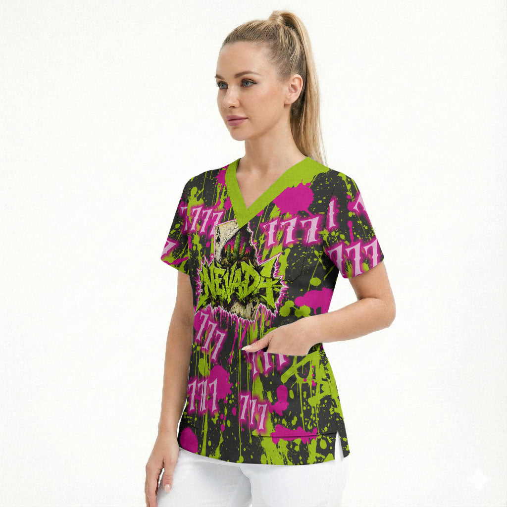 Nevada Battle Born The Silver State 777 Scrub Top Vibrant Lime Pink Splatter Punk Rock Bull Skull Art