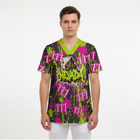 Nevada Battle Born The Silver State 777 Scrub Top Vibrant Lime Pink Splatter Punk Rock Bull Skull Art