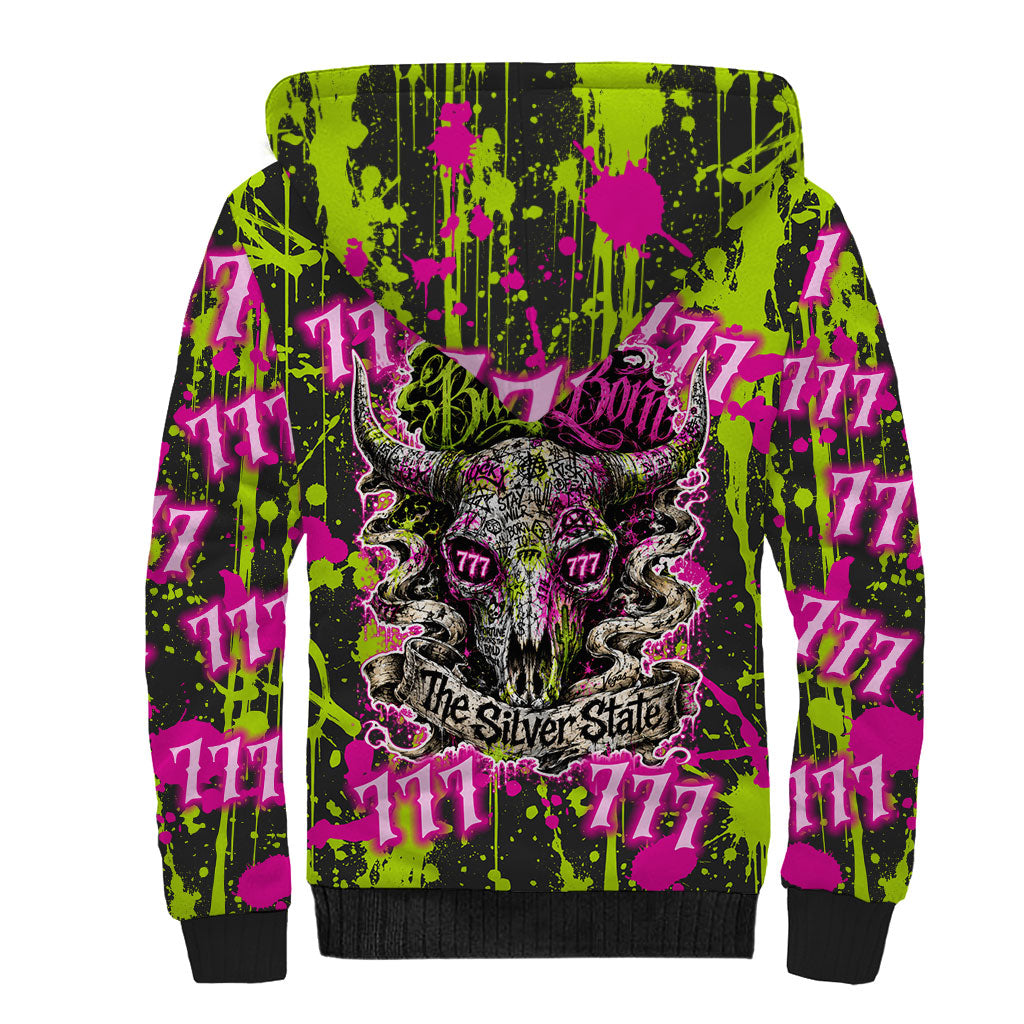 Nevada Battle Born The Silver State 777 Sherpa Hoodie Vibrant Lime Pink Splatter Punk Rock Bull Skull Art