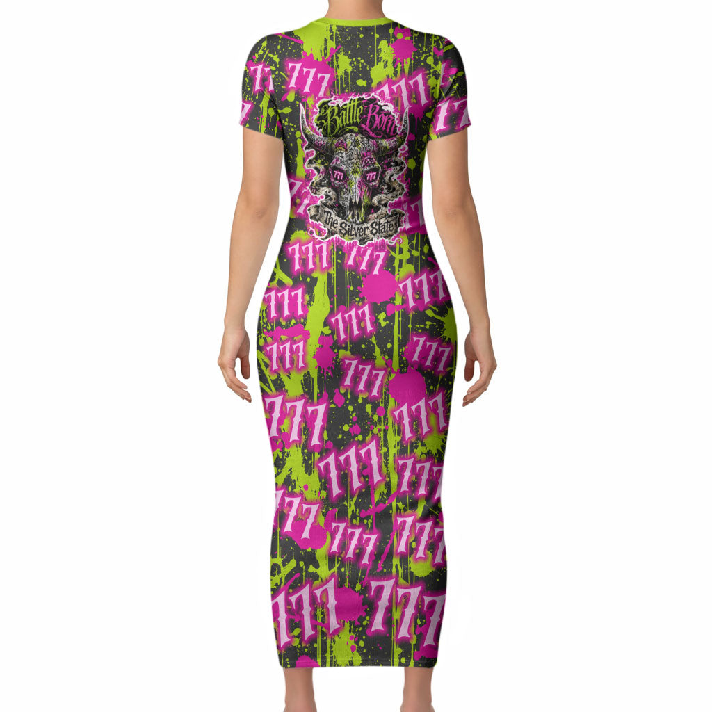 Nevada Battle Born The Silver State 777 Short Sleeve Bodycon Dress Vibrant Lime Pink Splatter Punk Rock Bull Skull Art