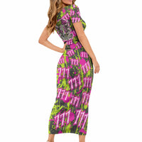 Nevada Battle Born The Silver State 777 Short Sleeve Bodycon Dress Vibrant Lime Pink Splatter Punk Rock Bull Skull Art