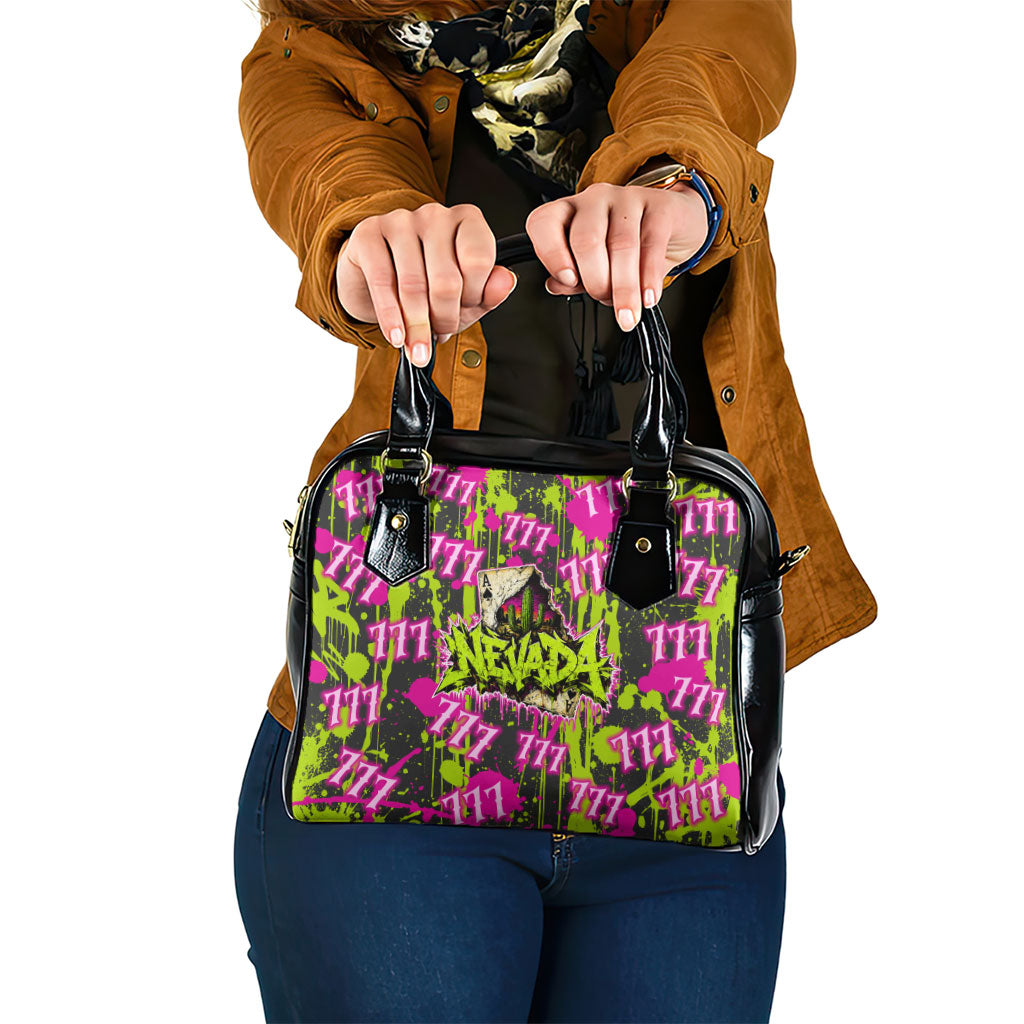 Nevada Battle Born The Silver State 777 Shoulder Handbag Vibrant Lime Pink Splatter Punk Rock Bull Skull Art