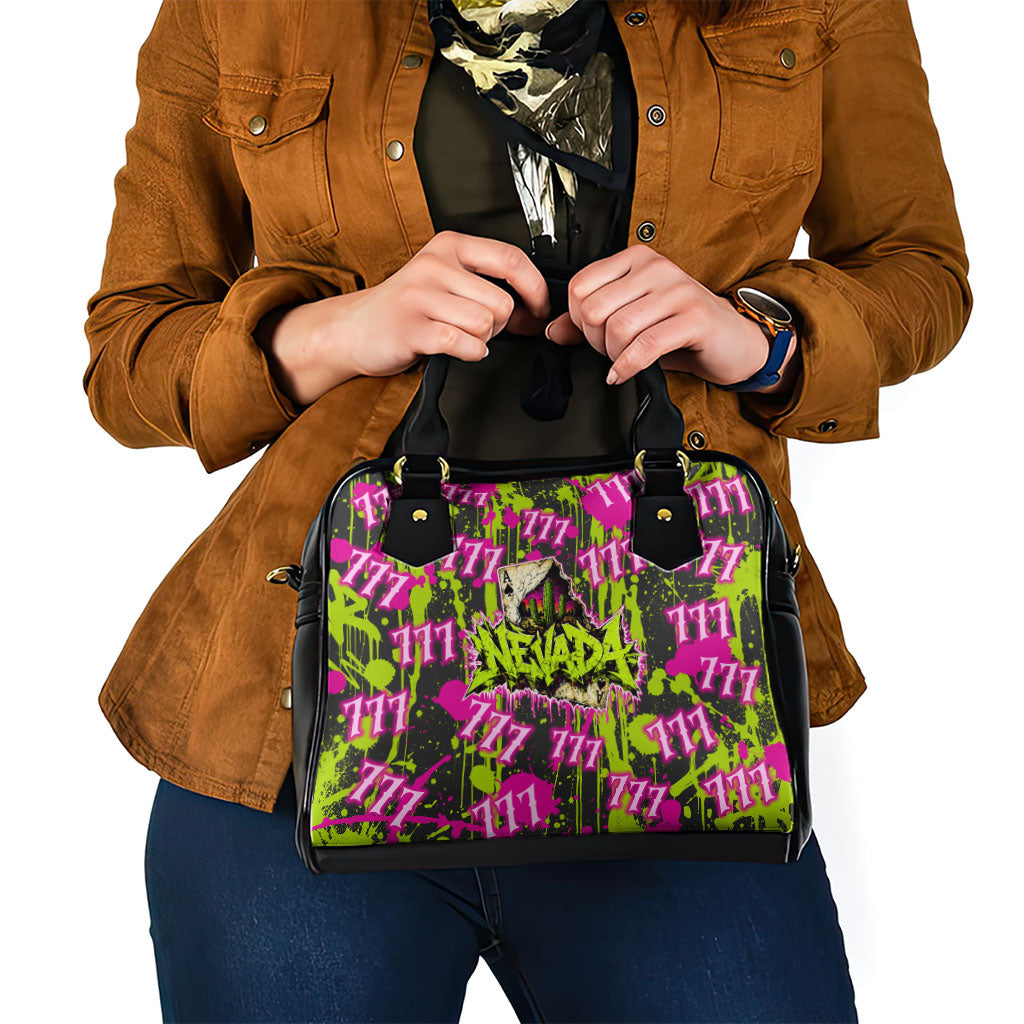 Nevada Battle Born The Silver State 777 Shoulder Handbag Vibrant Lime Pink Splatter Punk Rock Bull Skull Art