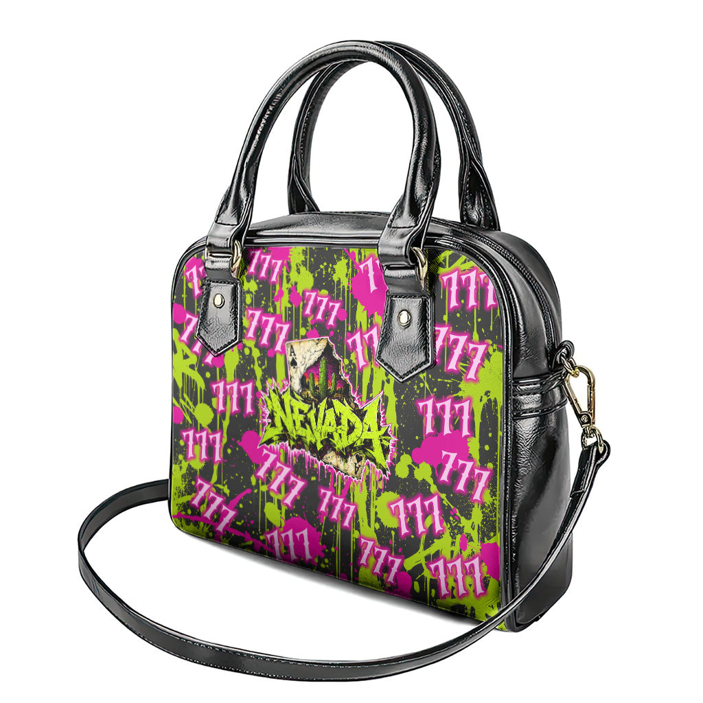 Nevada Battle Born The Silver State 777 Shoulder Handbag Vibrant Lime Pink Splatter Punk Rock Bull Skull Art