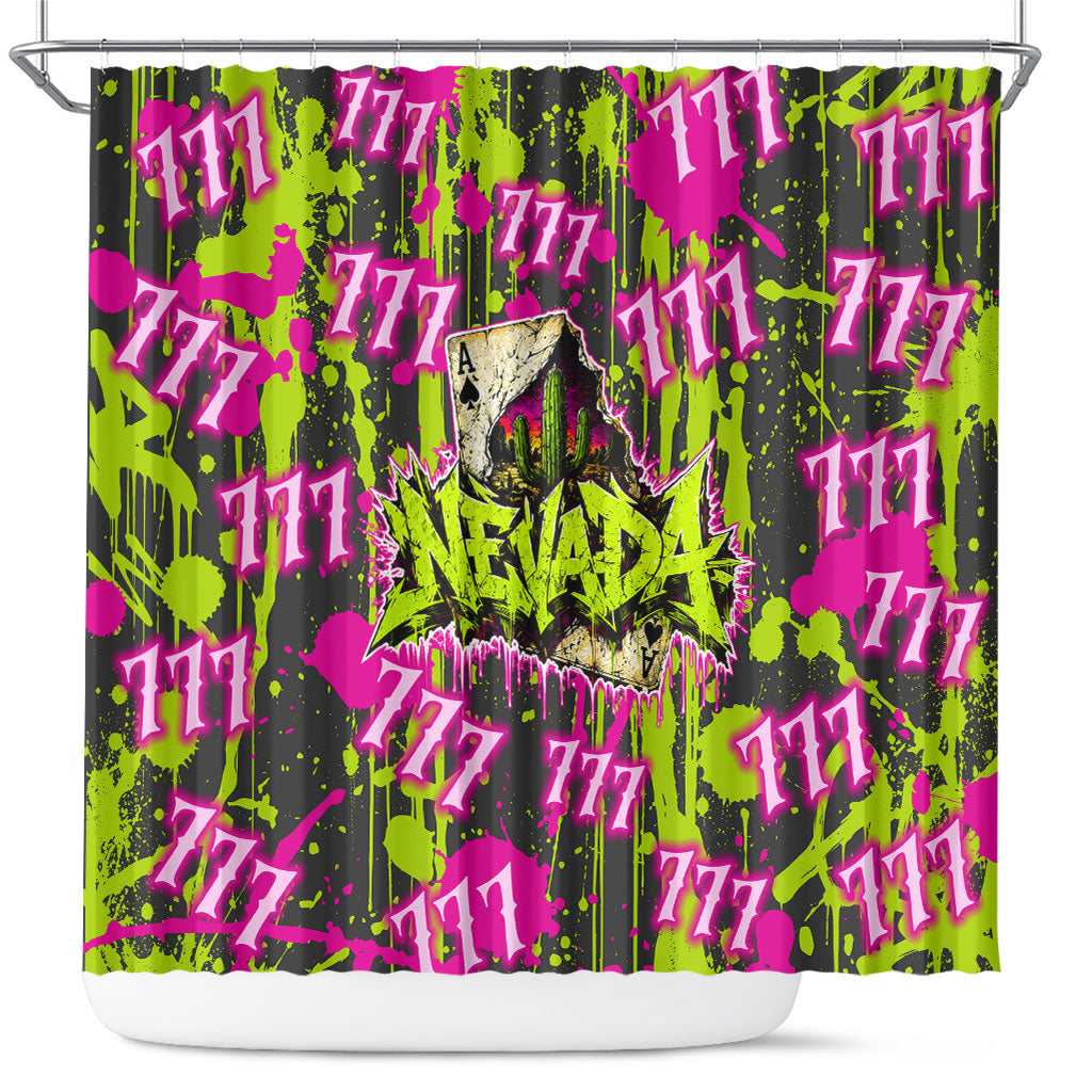 Nevada Battle Born The Silver State 777 Shower Curtain Vibrant Lime Pink Splatter Punk Rock Bull Skull Art