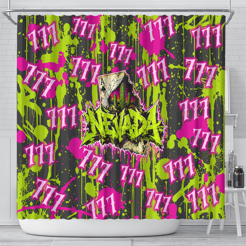 Nevada Battle Born The Silver State 777 Shower Curtain Vibrant Lime Pink Splatter Punk Rock Bull Skull Art