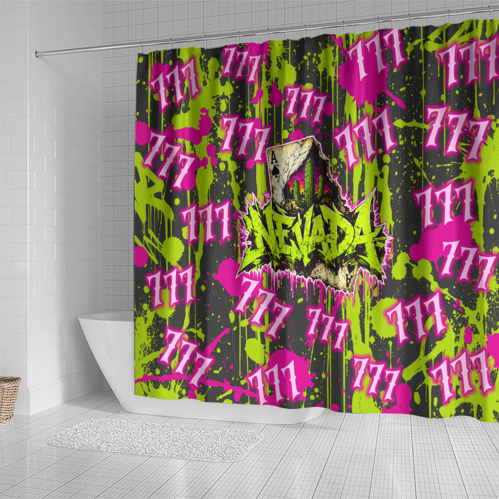 Nevada Battle Born The Silver State 777 Shower Curtain Vibrant Lime Pink Splatter Punk Rock Bull Skull Art