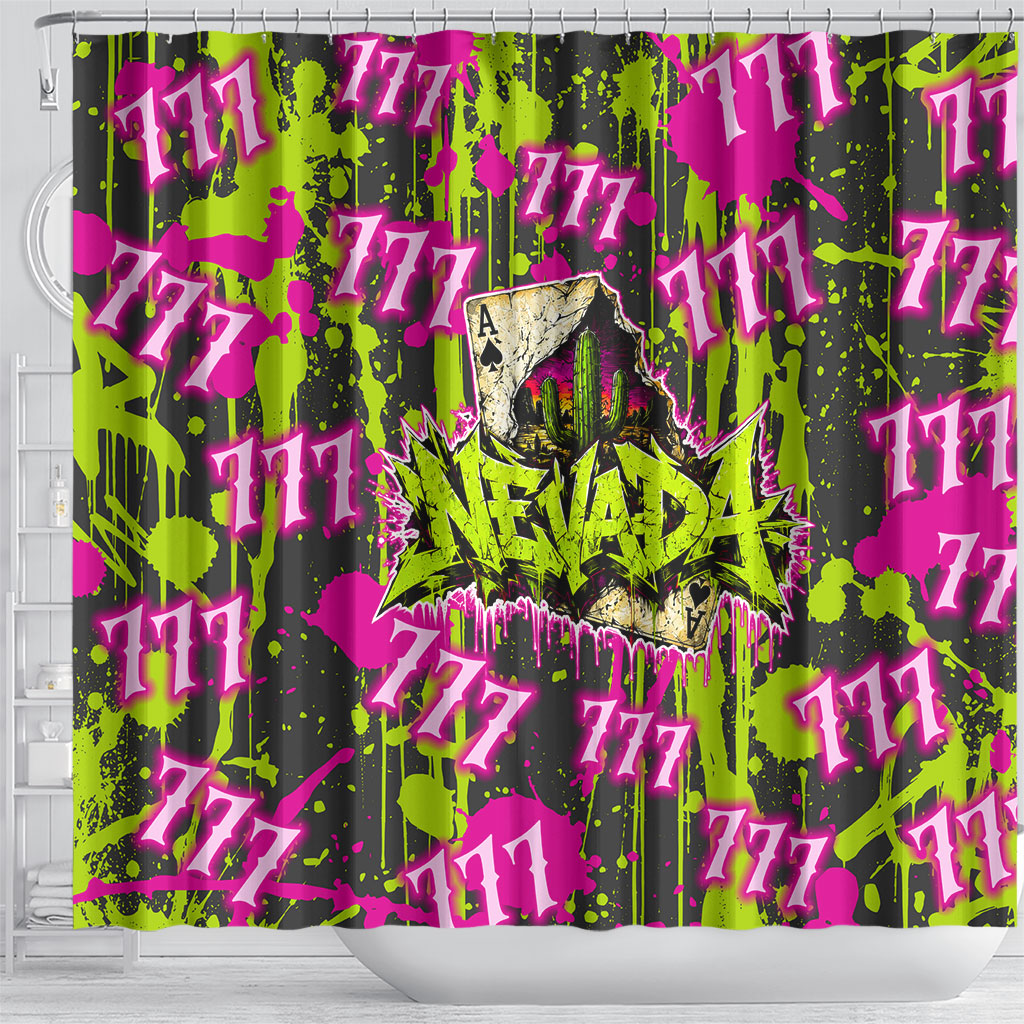 Nevada Battle Born The Silver State 777 Shower Curtain Vibrant Lime Pink Splatter Punk Rock Bull Skull Art