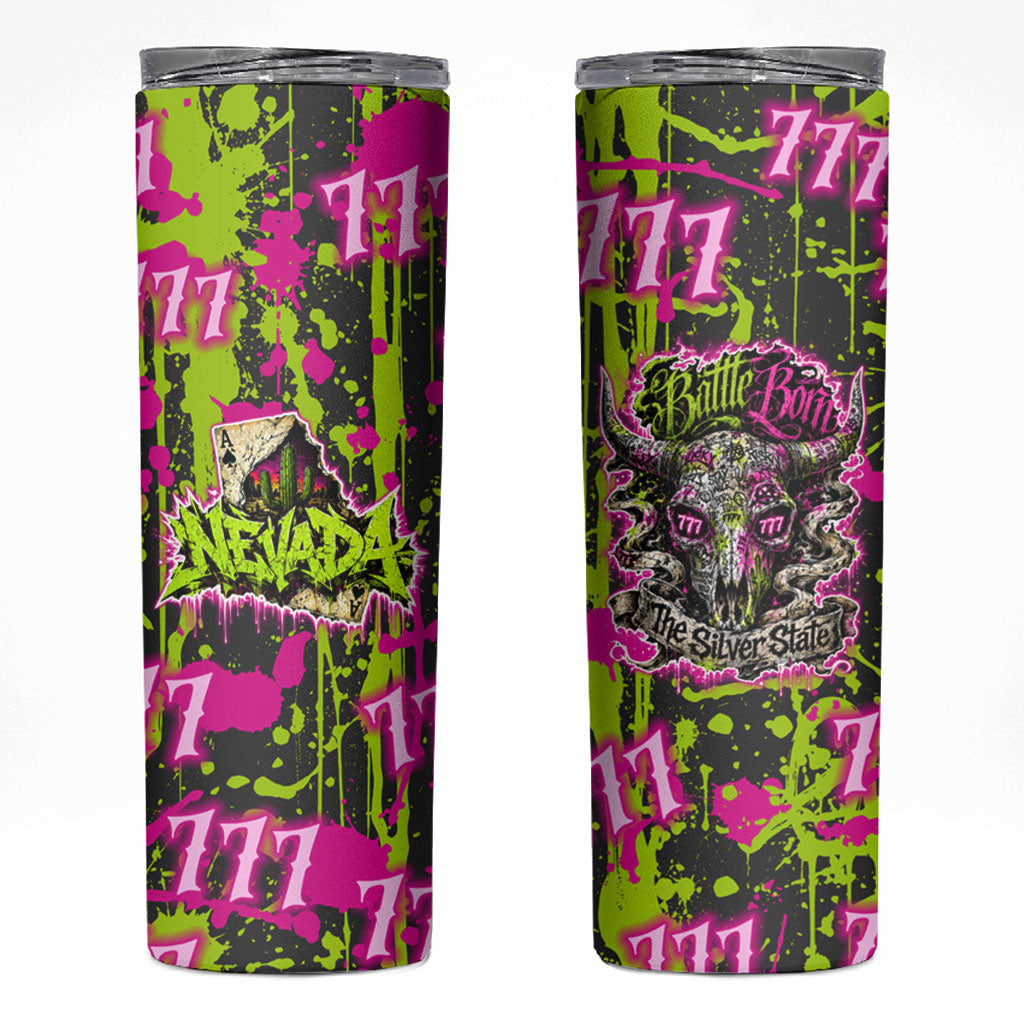 Nevada Battle Born The Silver State 777 Skinny Tumbler Vibrant Lime Pink Splatter Punk Rock Bull Skull Art