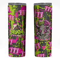 Nevada Battle Born The Silver State 777 Skinny Tumbler Vibrant Lime Pink Splatter Punk Rock Bull Skull Art
