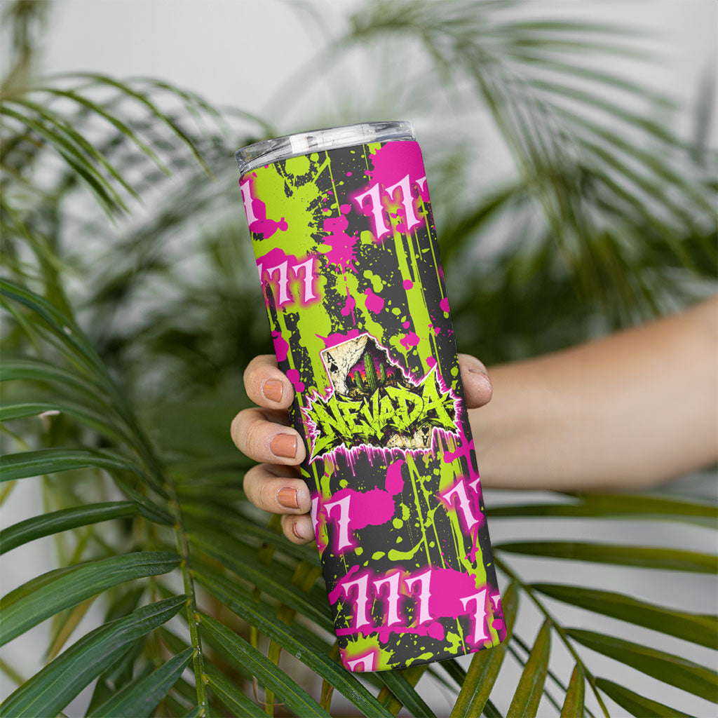 Nevada Battle Born The Silver State 777 Skinny Tumbler Vibrant Lime Pink Splatter Punk Rock Bull Skull Art