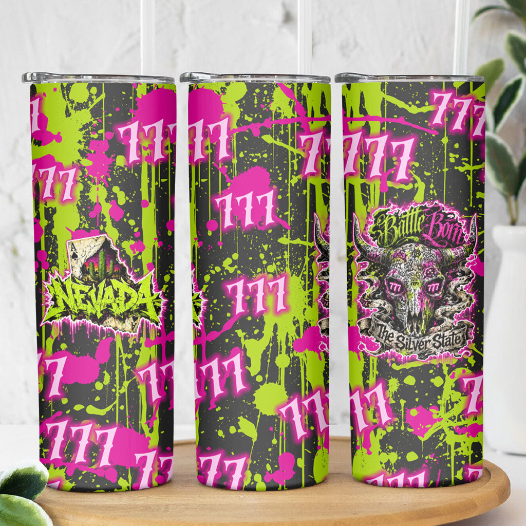 Nevada Battle Born The Silver State 777 Skinny Tumbler Vibrant Lime Pink Splatter Punk Rock Bull Skull Art