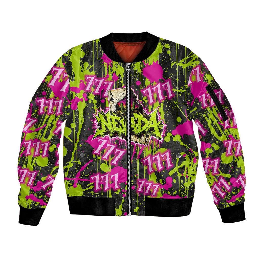 Nevada Battle Born The Silver State 777 Sleeve Zip Bomber Jacket Vibrant Lime Pink Splatter Punk Rock Bull Skull Art