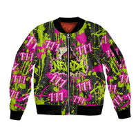 Nevada Battle Born The Silver State 777 Sleeve Zip Bomber Jacket Vibrant Lime Pink Splatter Punk Rock Bull Skull Art