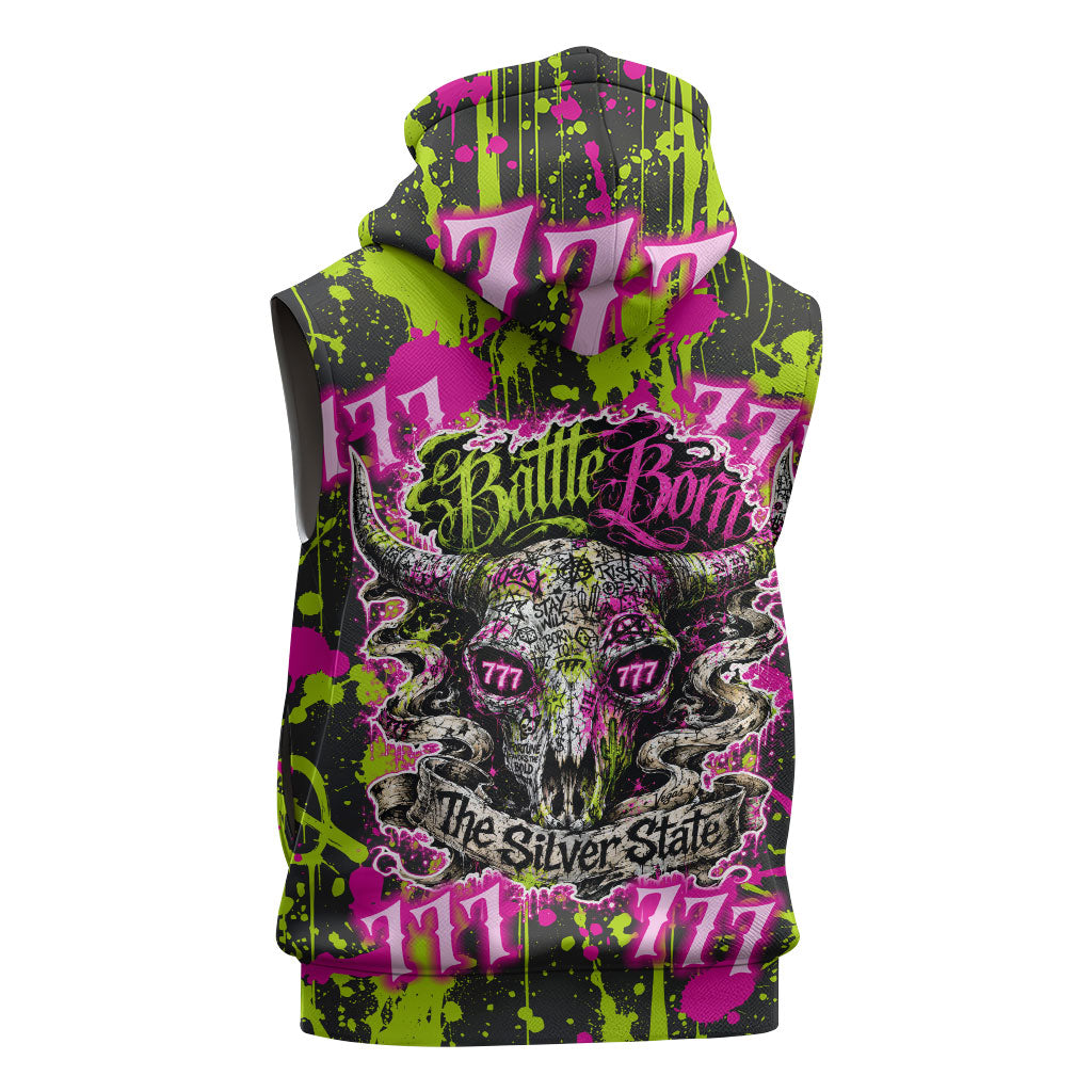 Nevada Battle Born The Silver State 777 Sleeveless Hoodie Vibrant Lime Pink Splatter Punk Rock Bull Skull Art