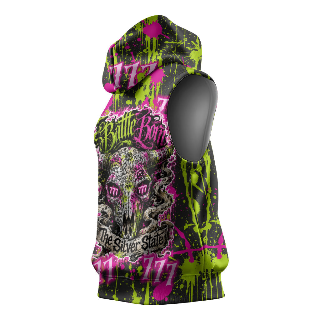 Nevada Battle Born The Silver State 777 Sleeveless Hoodie Vibrant Lime Pink Splatter Punk Rock Bull Skull Art