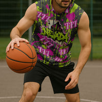 Nevada Battle Born The Silver State 777 Sleeveless Hoodie Vibrant Lime Pink Splatter Punk Rock Bull Skull Art