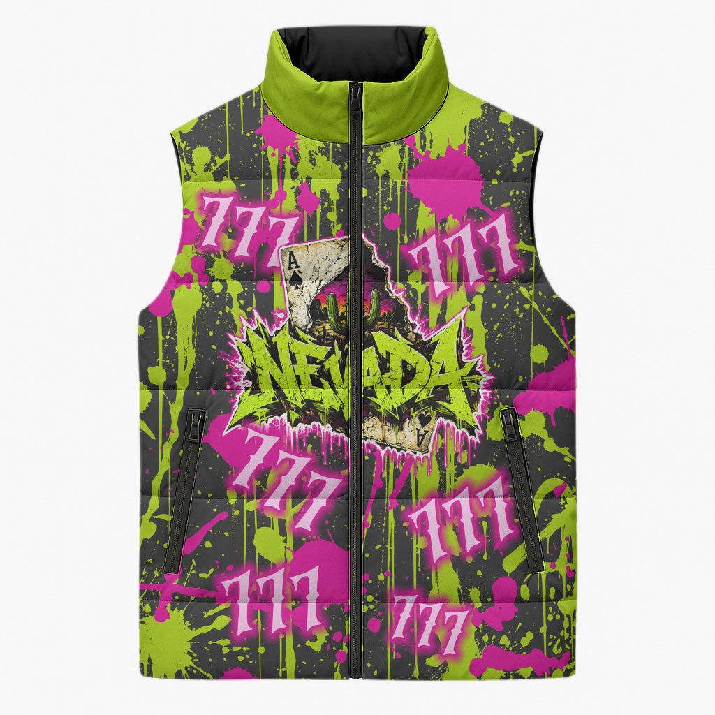 Nevada Battle Born The Silver State 777 Sleeveless Puffer Jacket Vibrant Lime Pink Splatter Punk Rock Bull Skull Art