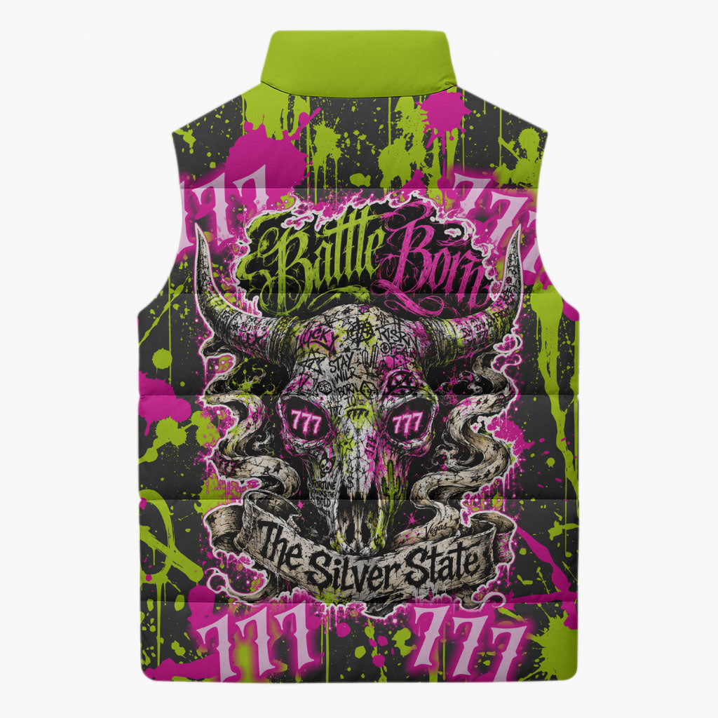 Nevada Battle Born The Silver State 777 Sleeveless Puffer Jacket Vibrant Lime Pink Splatter Punk Rock Bull Skull Art