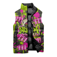Nevada Battle Born The Silver State 777 Sleeveless Puffer Jacket Vibrant Lime Pink Splatter Punk Rock Bull Skull Art