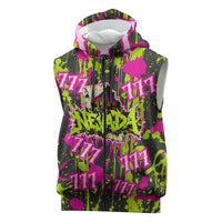 Nevada Battle Born The Silver State 777 Sleeveless Zip Hoodie Vibrant Lime Pink Splatter Punk Rock Bull Skull Art