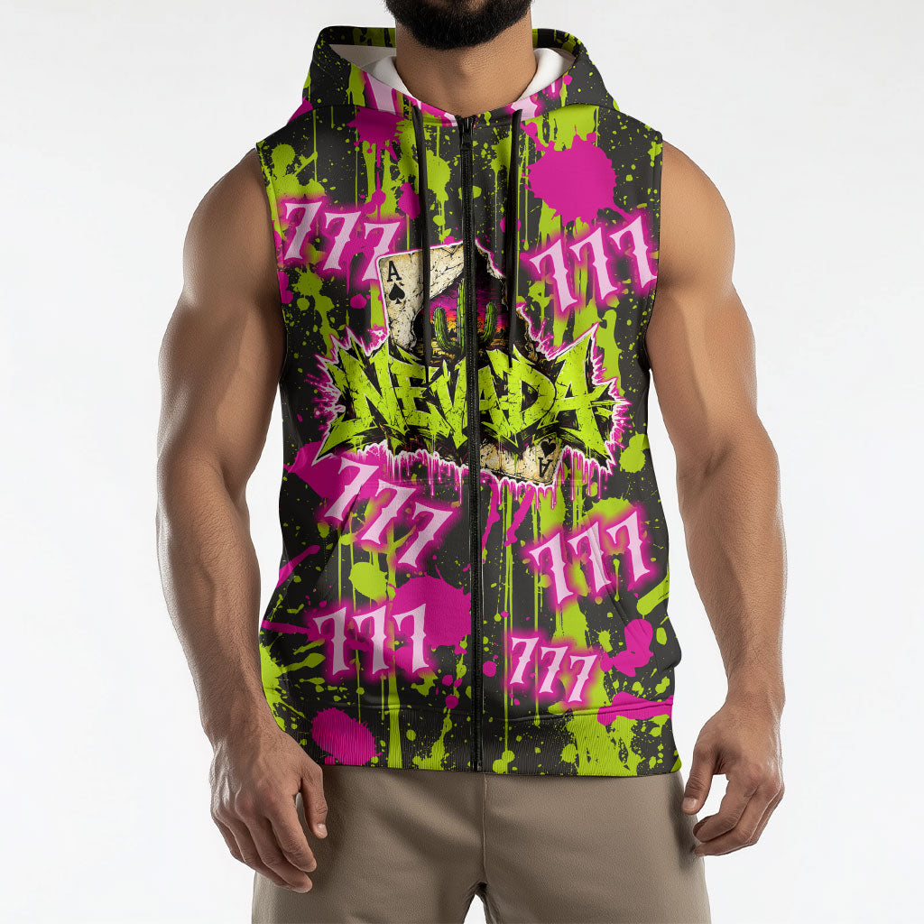 Nevada Battle Born The Silver State 777 Sleeveless Zip Hoodie Vibrant Lime Pink Splatter Punk Rock Bull Skull Art