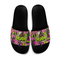 Nevada Battle Born The Silver State 777 Slide Sandals Vibrant Lime Pink Splatter Punk Rock Bull Skull Art