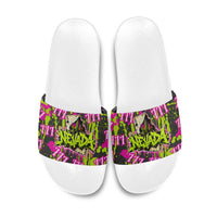 Nevada Battle Born The Silver State 777 Slide Sandals Vibrant Lime Pink Splatter Punk Rock Bull Skull Art