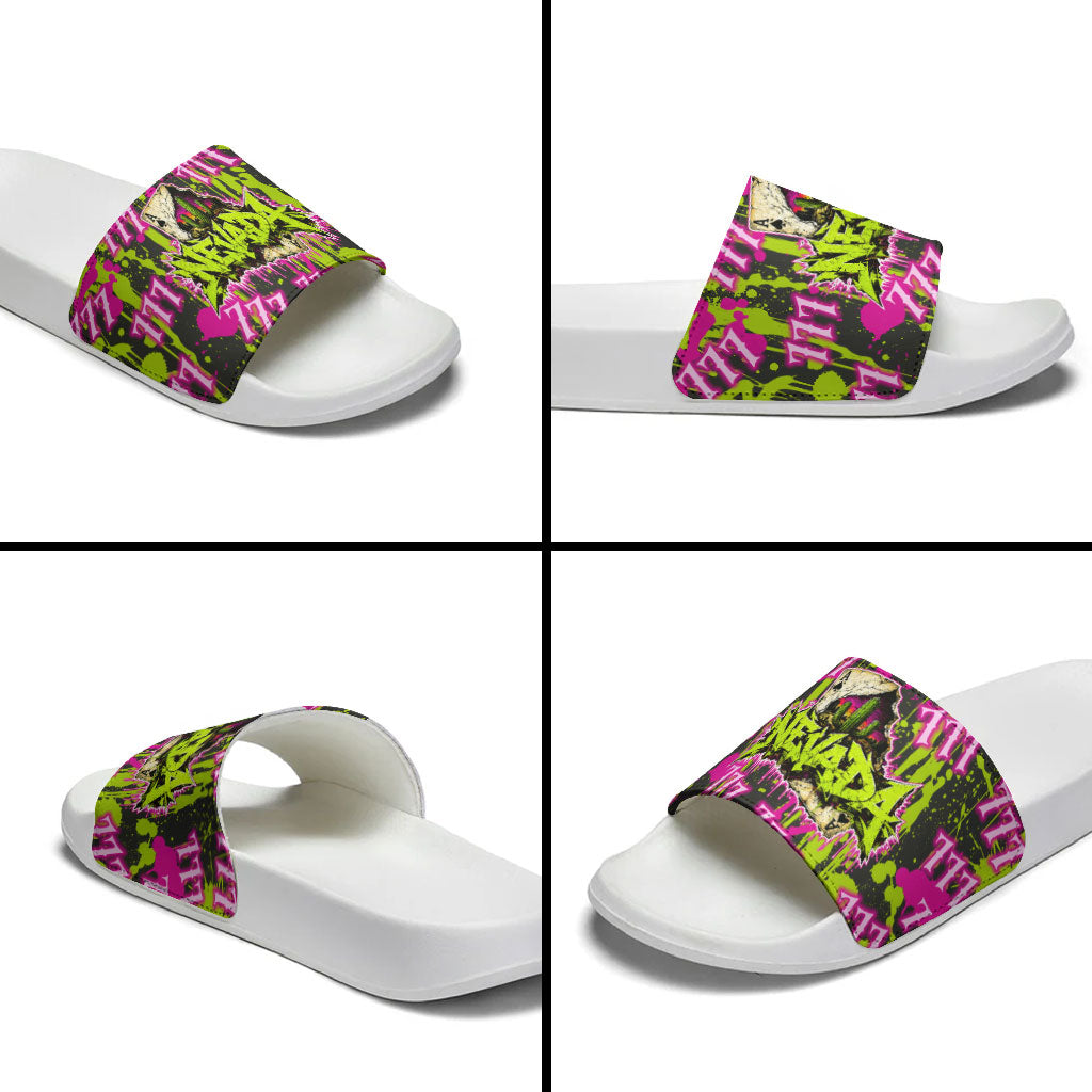 Nevada Battle Born The Silver State 777 Slide Sandals Vibrant Lime Pink Splatter Punk Rock Bull Skull Art