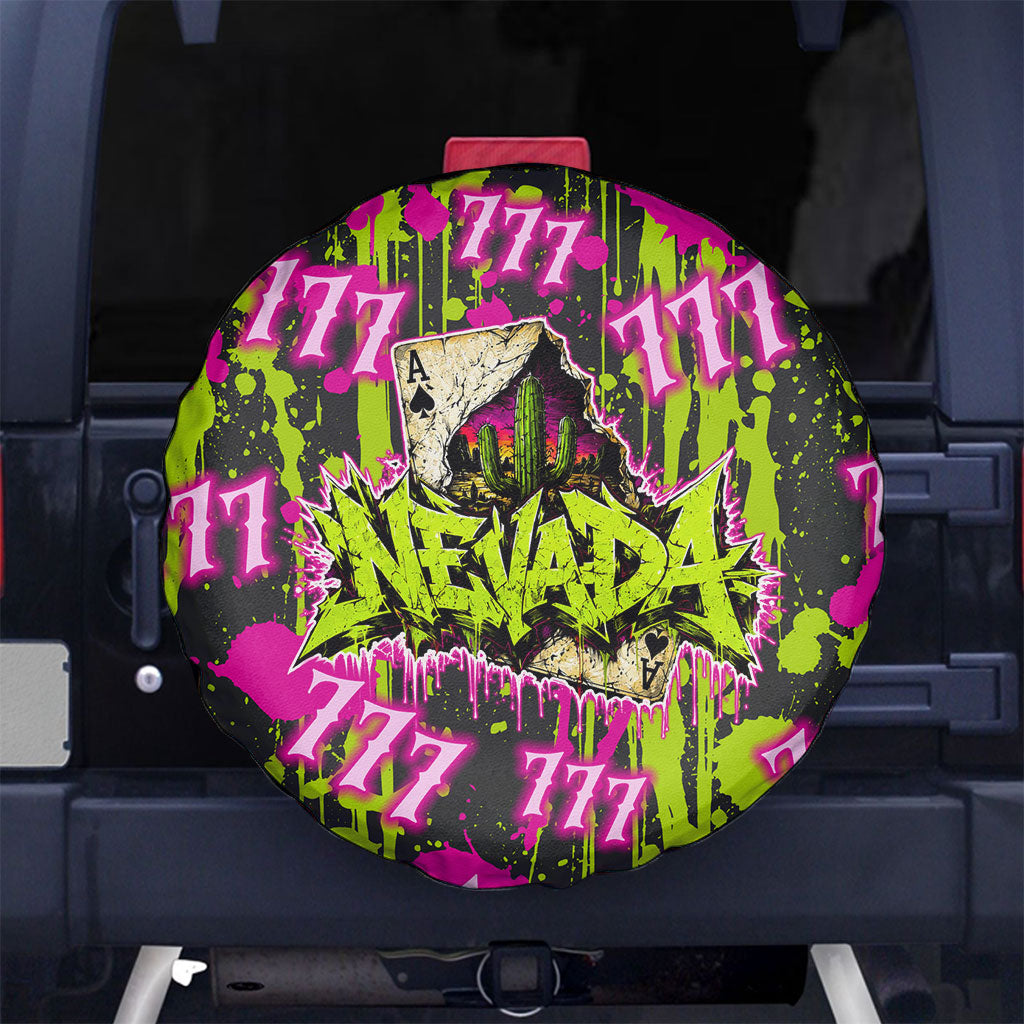 Nevada Battle Born The Silver State 777 Spare Tire Cover Vibrant Lime Pink Splatter Punk Rock Bull Skull Art