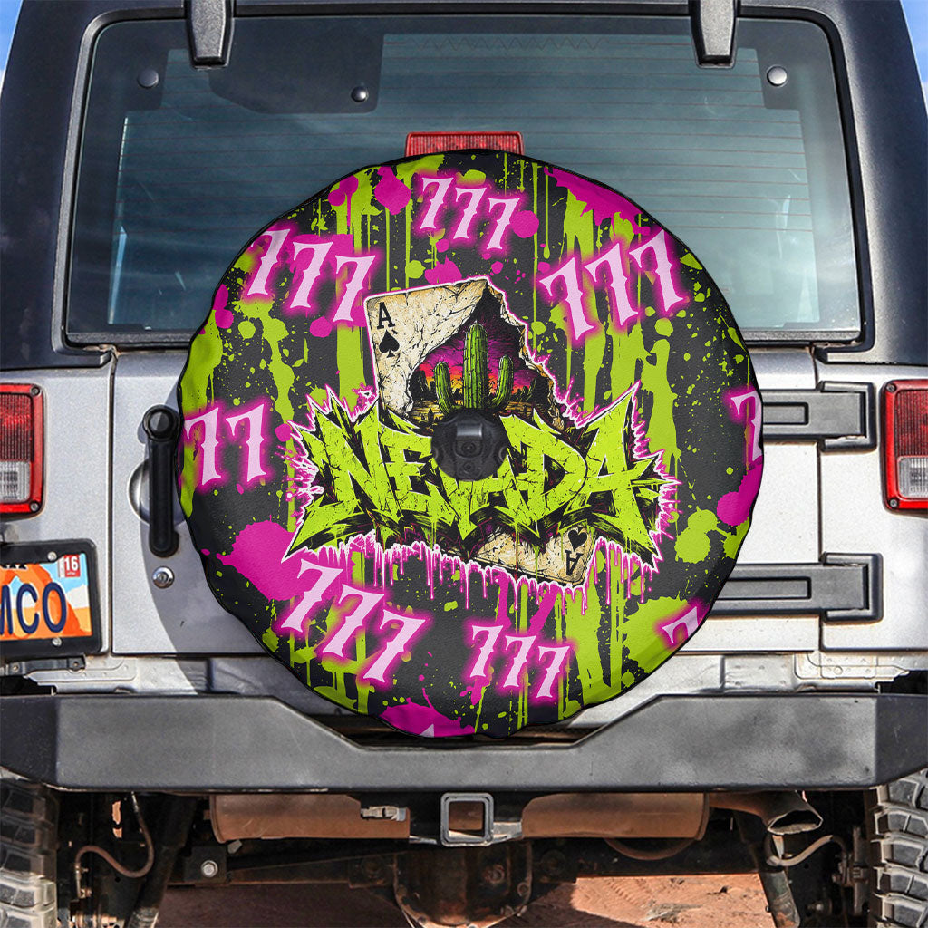Nevada Battle Born The Silver State 777 Spare Tire Cover Vibrant Lime Pink Splatter Punk Rock Bull Skull Art
