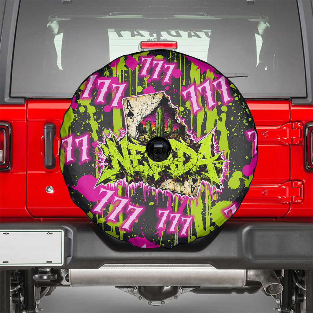 Nevada Battle Born The Silver State 777 Spare Tire Cover Vibrant Lime Pink Splatter Punk Rock Bull Skull Art