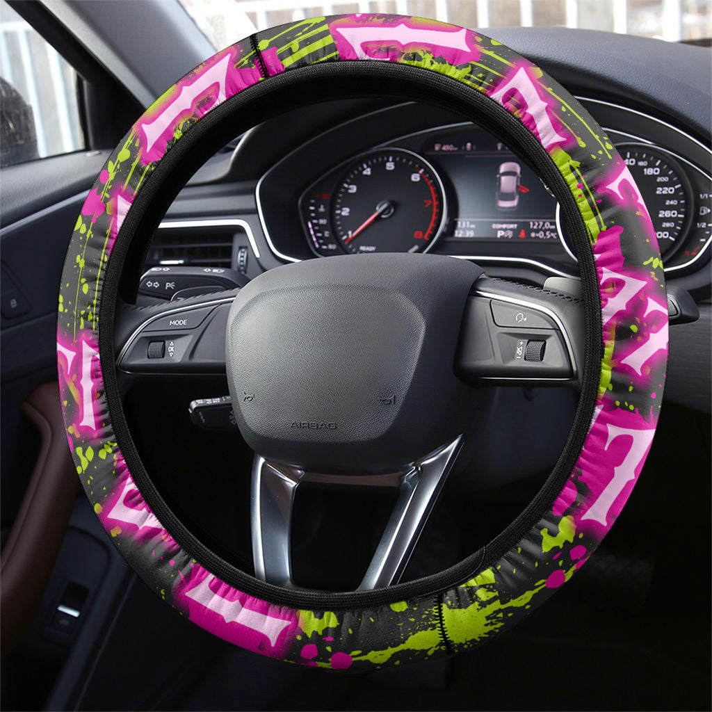 Nevada Battle Born The Silver State 777 Steering Wheel Cover Vibrant Lime Pink Splatter Punk Rock Bull Skull Art