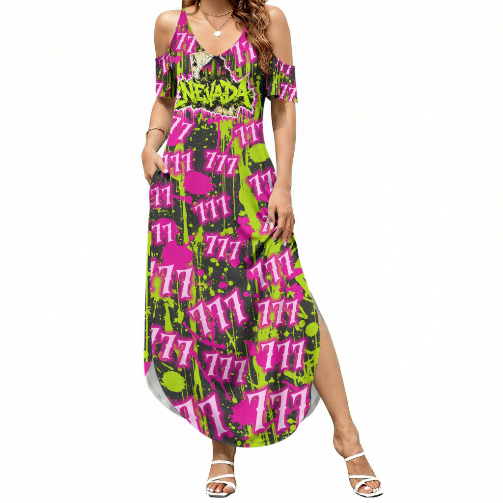 Nevada Battle Born The Silver State 777 Summer Maxi Dress Vibrant Lime Pink Splatter Punk Rock Bull Skull Art