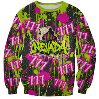 Nevada Battle Born The Silver State 777 Sweatshirt Vibrant Lime Pink Splatter Punk Rock Bull Skull Art