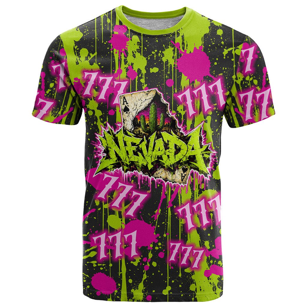 Nevada Battle Born The Silver State 777 T Shirt Vibrant Lime Pink Splatter Punk Rock Bull Skull Art
