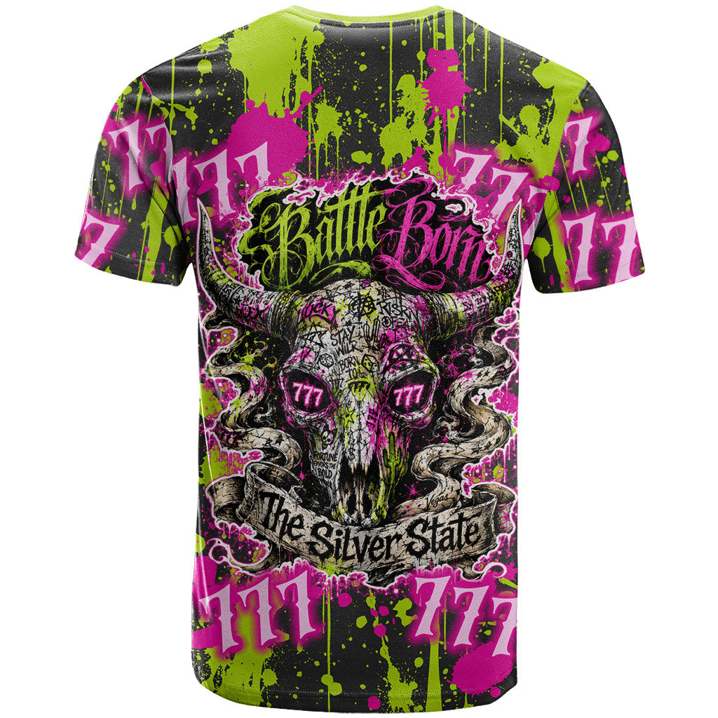 Nevada Battle Born The Silver State 777 T Shirt Vibrant Lime Pink Splatter Punk Rock Bull Skull Art