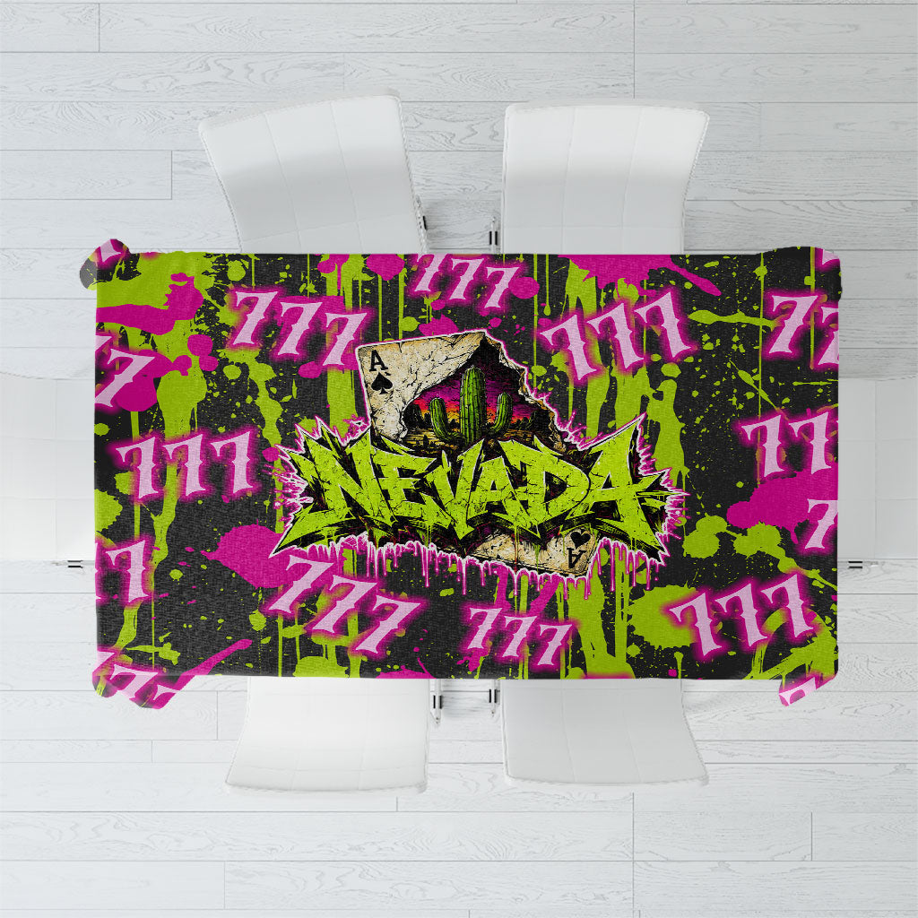 Nevada Battle Born The Silver State 777 Tablecloth Vibrant Lime Pink Splatter Punk Rock Bull Skull Art