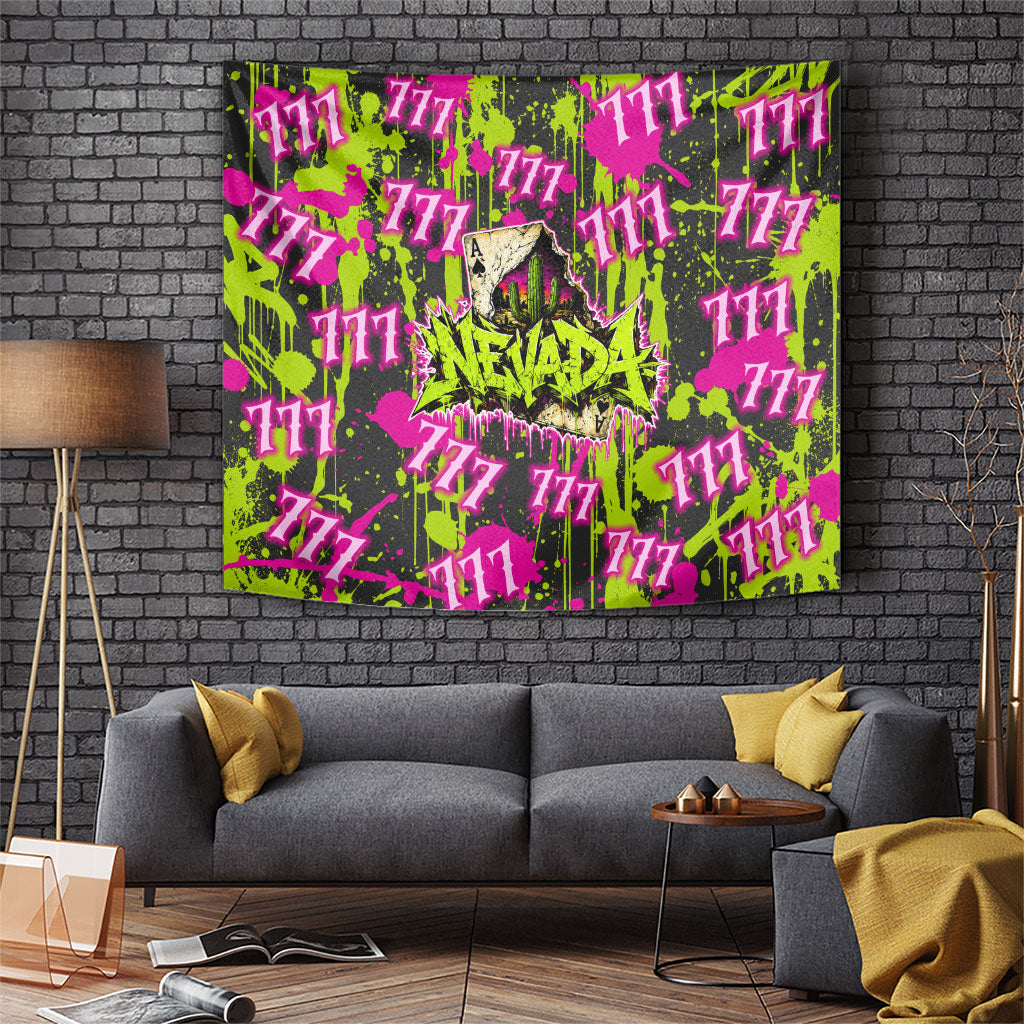 Nevada Battle Born The Silver State 777 Tapestry Vibrant Lime Pink Splatter Punk Rock Bull Skull Art