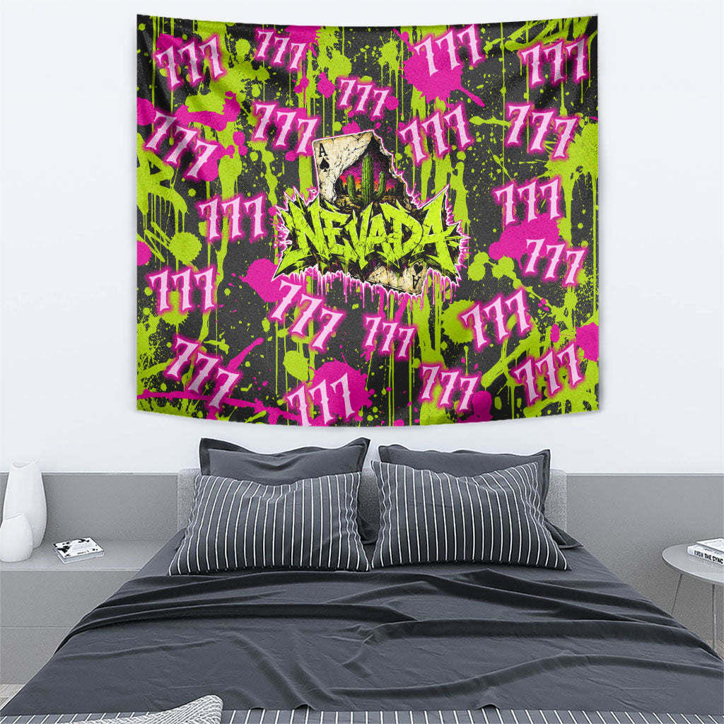 Nevada Battle Born The Silver State 777 Tapestry Vibrant Lime Pink Splatter Punk Rock Bull Skull Art