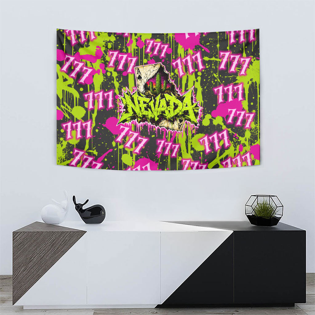 Nevada Battle Born The Silver State 777 Tapestry Vibrant Lime Pink Splatter Punk Rock Bull Skull Art