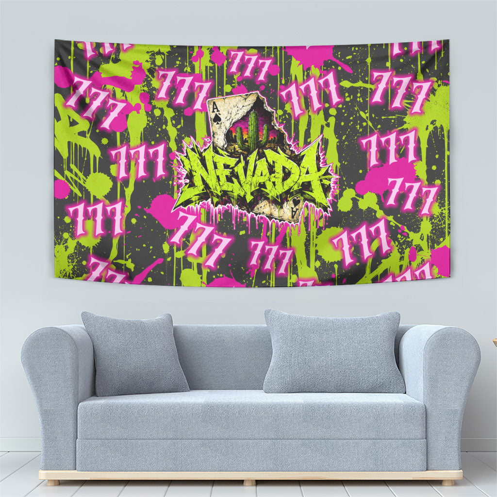 Nevada Battle Born The Silver State 777 Tapestry Vibrant Lime Pink Splatter Punk Rock Bull Skull Art